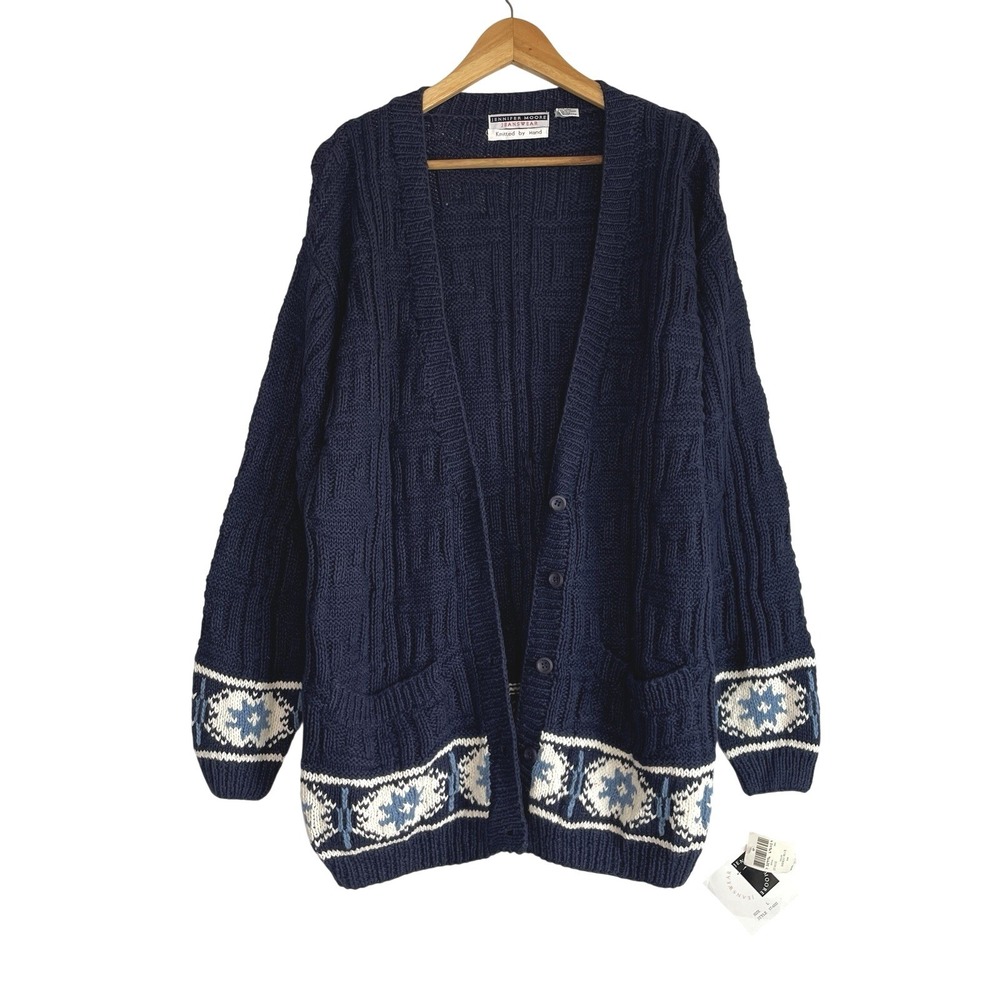 Vintage Jennifer Moore 3D‎ Hand Knitted Cardigan Large Textured Nordic Fair Isle